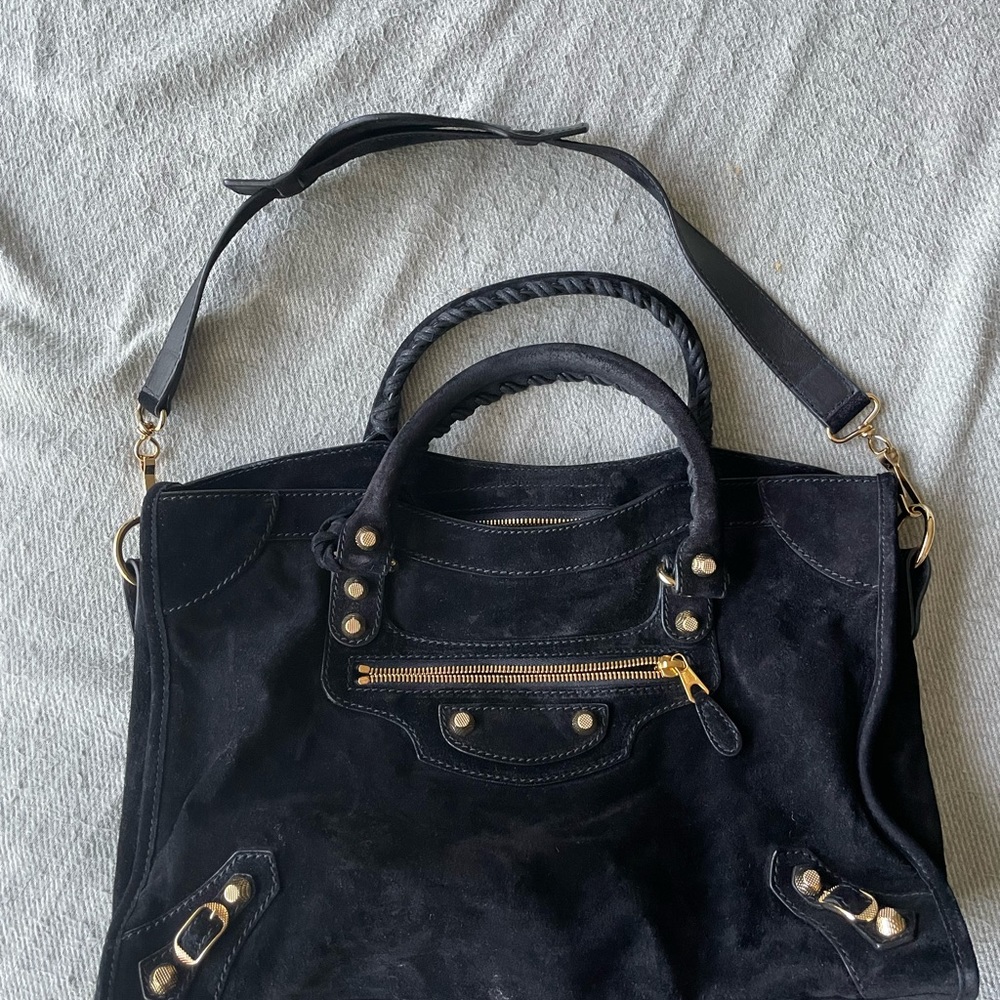BALENCIAGA Black Suede City Classic Bag with Gold Studs